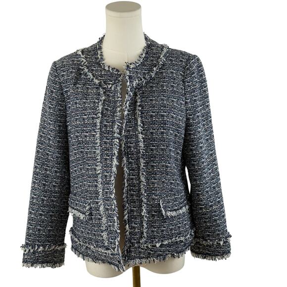 Ann Taylor 10P Boucle Blue White Tweed Lined Jacket Fringe Work Career Casual - Picture 2 of 8